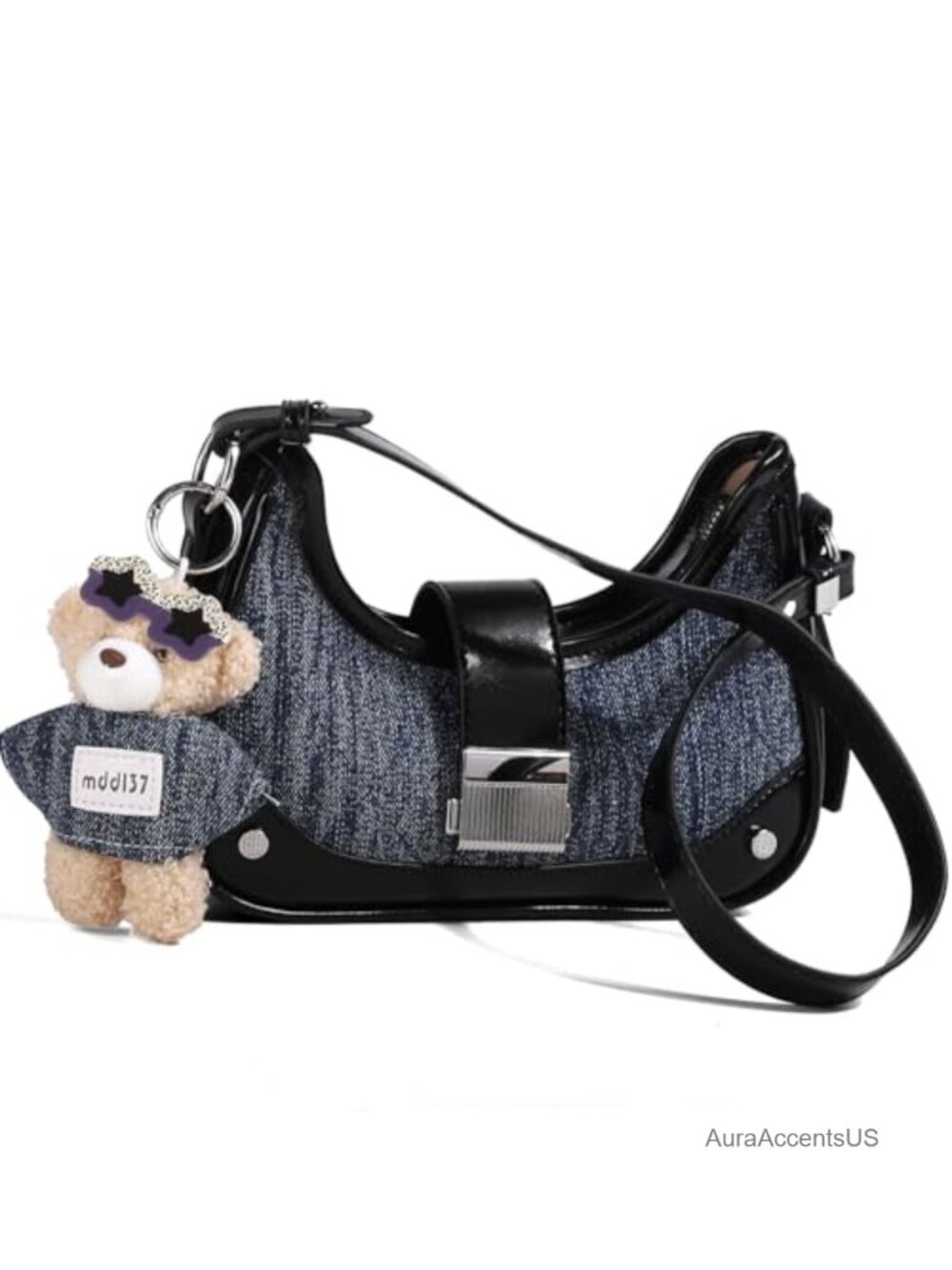 Denim & Leather Patchwork Shoulder Bag Vintage Satchel with Bear Charm